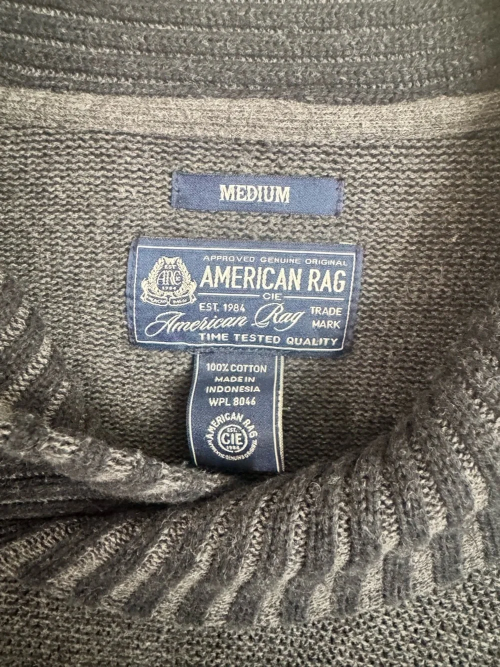 American Rag Mens Medium Gray Black Shawl Collar Knit Pullover Sweater Cotton